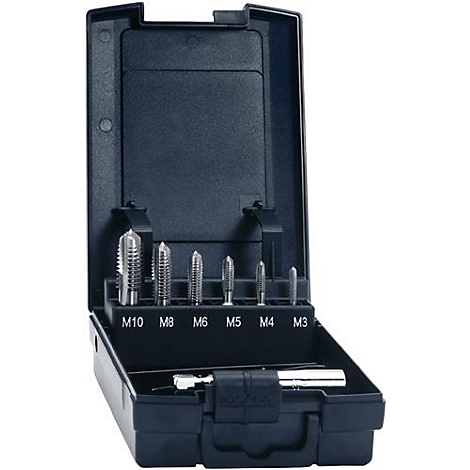 Boîte à outils noire avec des tarauds, tailles M3 à M10. Désignations de taille au milieu.