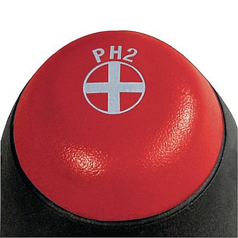 Gros plan de la tête d'un tournevis rouge, avec l'inscription PH2 et un symbole de croix.