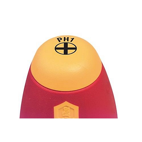 Gros plan d'une tête de tournevis. Partie supérieure jaune avec une croix noire et l'inscription PH7. Partie inférieure rouge.