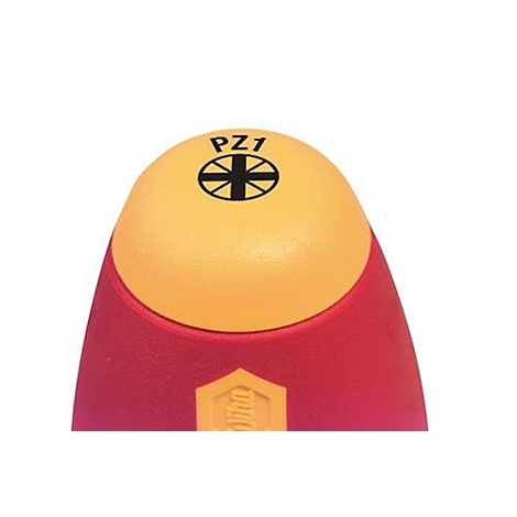 Gros plan d'une vis jaune-rouge avec l'inscription PZ1 et un symbole.