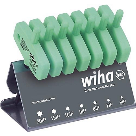 Un ensemble de tournevis verts sur un support gris avec le logo Wiha. Les détails de taille sont indiqués en bas.