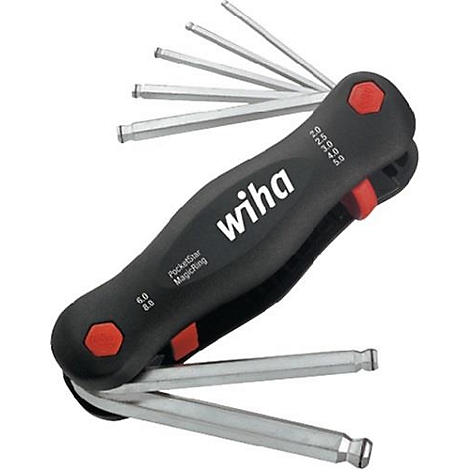 Clé Allen Wiha noire avec embouts dépliés. Accent rouge, lettrage blanc, désignation: PocketStar MagicRing.
