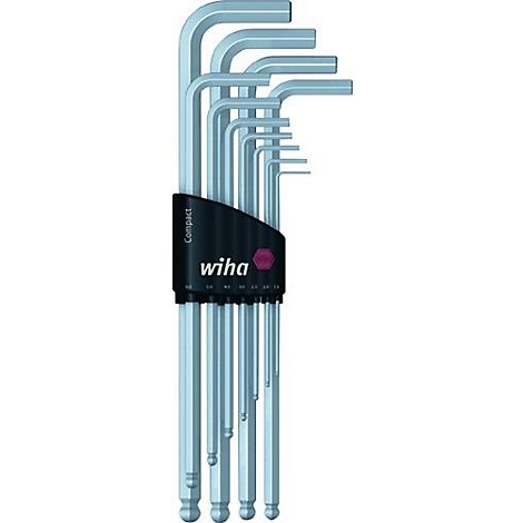 Un ensemble de clés Allen bleu clair, maintenues dans un support noir avec le logo "Wiha".