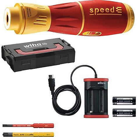 L'image présente une sélection d'outils, dont un tournevis électrique, une boîte de rangement, un chargeur et des embouts de tournevis.