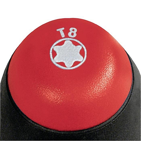 Gros plan sur une tête de tournevis rouge avec un motif d'étoile blanc et l'inscription T8.