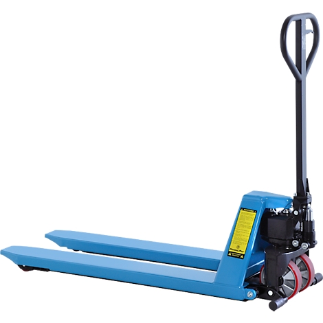 Light blue pallet truck with black handle and red wheels. Yellow warning signs on the side.