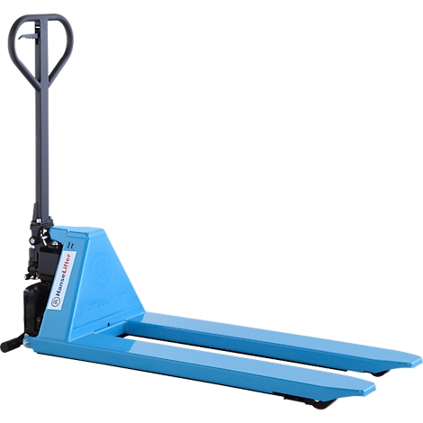 Light blue pallet truck against a white background, the handle and lifting device are gray.