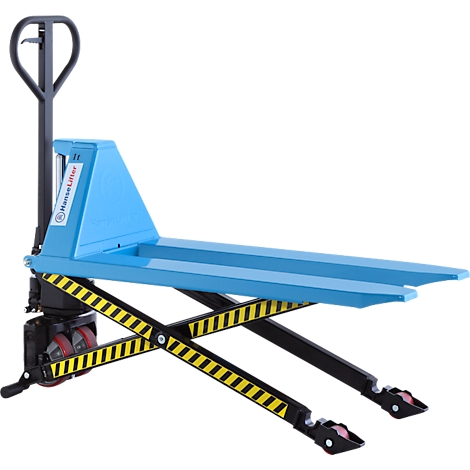 Blue metal pallet jack with forks and height-adjustable scissor structure. Yellow and black warning stripes.