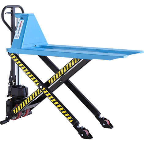 Blue and black pallet lifter. Yellow and black safety markings. "HanseLifter" inscription.