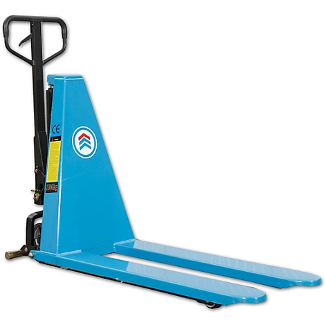 Blue pallet jack with two forks in front and a handle and drawbar behind. The body has a logo with arrows.