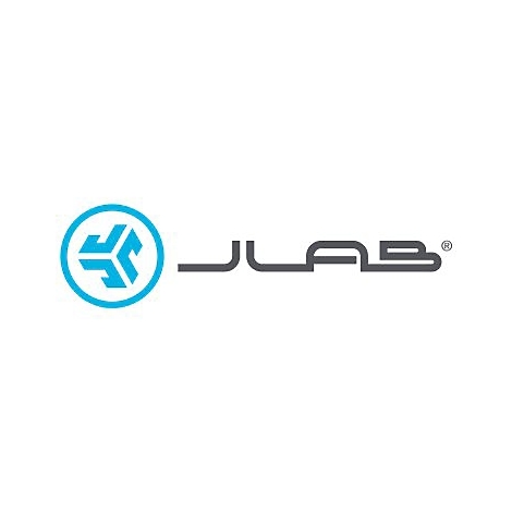 Das JLab Logo besteht aus einem türkisfarbenen Kreis mit abstraktem Symbol und dem Schriftzug JLab in Dunkelgrau.