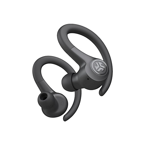 Schwarze In-Ear-Sportkopfhörer mit Ohrbügeln vor weißem Hintergrund.