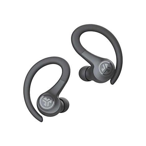 Graue In-Ear-Sportkopfhörer mit Ohrbügeln und JLab-Logo auf weißem Hintergrund.