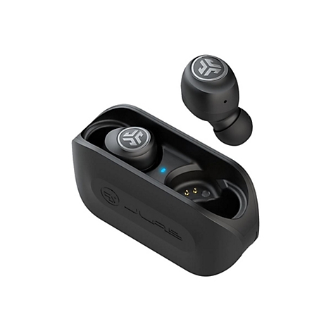 Schwarze kabellose In-Ear-Kopfhörer mit Ladecase vor weißem Hintergrund.
