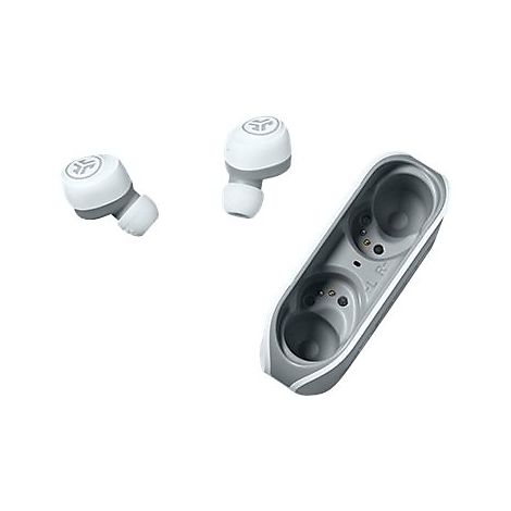 Zwei weiße In-Ear-Kopfhörer mit Ladecase auf weißem Hintergrund.
