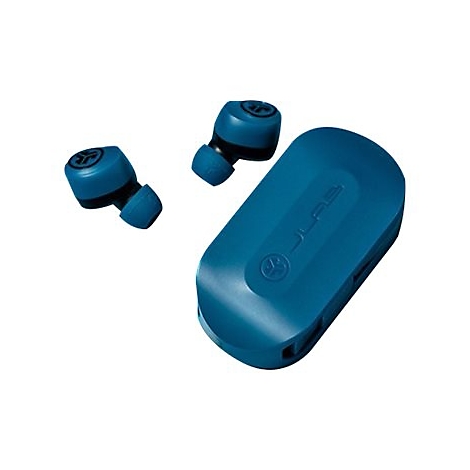 Dunkelblaue kabellose In-Ear-Kopfhörer mit zugehörigem Ladecase vor weißem Hintergrund.