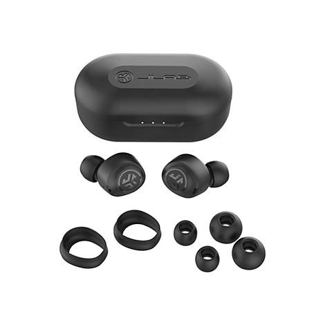 Schwarze kabellose In-Ear-Kopfhörer mit Ladecase und verschiedenen Ohrpolster-Aufsätzen.