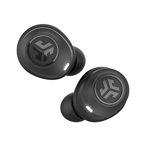 Zwei schwarze, kabellose In-Ear-Kopfhörer mit JLab-Logo auf einer weißen Oberfläche.