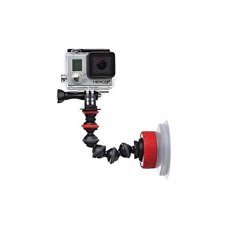 GoPro Kamera an flexiblem Stativ mit Saugnapf. Kamera mit Gehäuse, schwarzes, rotes und graues Gestänge. Der Saugnapf ist durchsichtig.