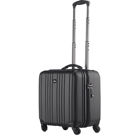 Black upright suitcase with extendable handle, four wheels and combination lock, set against a white background.