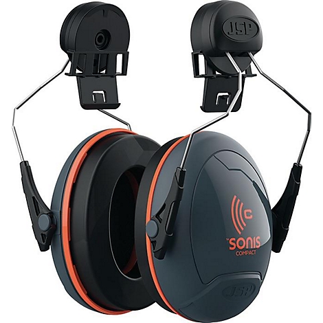 Protection auditive avec des détails noirs et orange, texte "sonis compact".