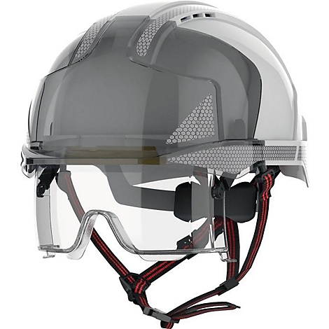 Casque de sécurité gris avec visière et jugulaire. La visière et certaines parties du casque sont transparentes.