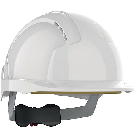 Casque de sécurité blanc avec mentonnière, plan détaillé.