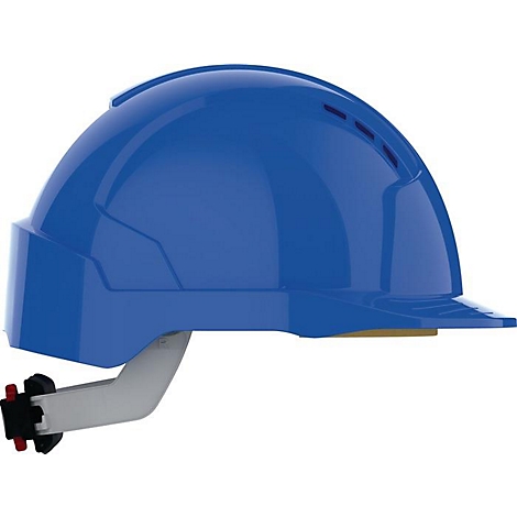 Vue de profil d'un casque de sécurité bleu. Avec jugulaire et protection de la nuque.