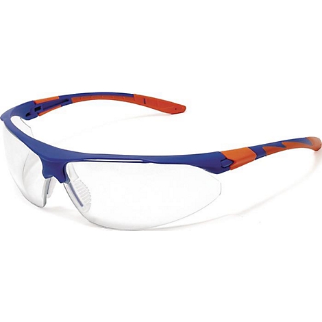 Lunettes de sécurité avec des détails bleus et orange. Verres clairs, monture bleue, extrémités des branches orange.