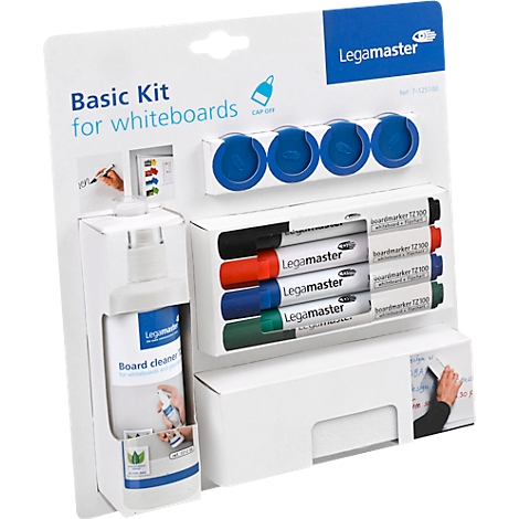 Juego de pizarra blanca con rotuladores, limpiador, imanes. Marca Legamaster, texto: Basic Kit for Whiteboards.