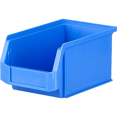 Caja de almacenamiento de plástico azul, rectangular con un compartimento abierto y un logotipo impreso.