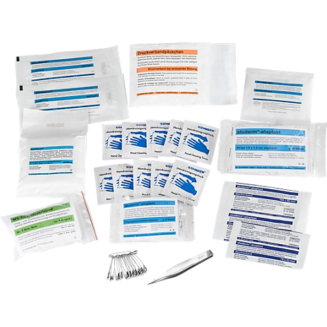 Varios envases médicos, como toallitas con alcohol, toallitas desinfectantes, apósitos para heridas, pinzas y clips.