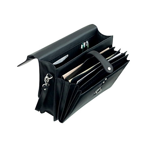 Geöffnete schwarze Aktentasche mit verschiedenen Dokumentenfächern und Stiftehalter vor weißem Hintergrund.