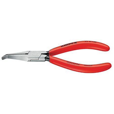 Eine gebogene Spitzzange mit roten Griffen. Auf den Griffen steht KNIPEX und VANADIUM.