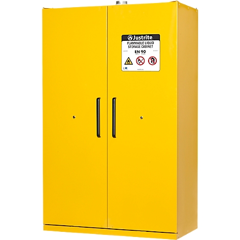 Armoire jaune pour liquides inflammables, étiquetée 'Flammable Liquid Storage Cabinet EN 90'.