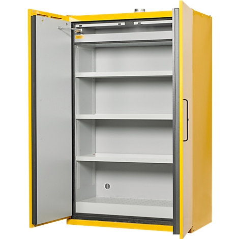 Armoire jaune avec portes ouvertes. Intérieur gris avec 4 étagères. Poignée noire. Encadrements de porte noirs.