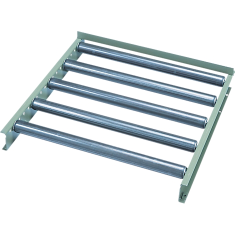 A gray roller conveyor, consisting of cylindrical rollers embedded in a metal frame.