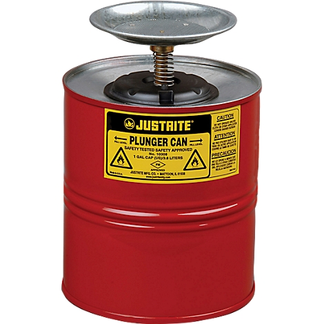 Red, cylindrical plunger can with yellow label. Above is a round, silver plate.