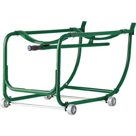 Grüner Fassroller mit Griff und Rollen. Ein Metallgestell, um Fässer zu transportieren.