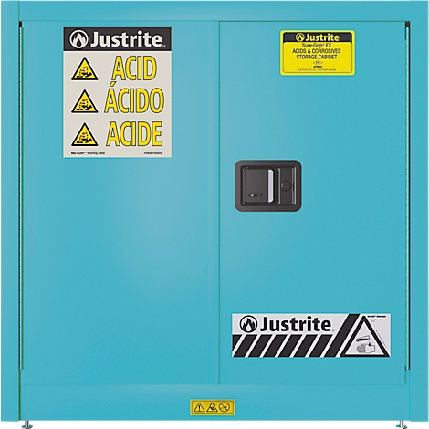 Turquoise kast met labels: "Justrite", "Acid", "Acido", "Acide" en "Acids & Corrosives Storage Cabinet".
