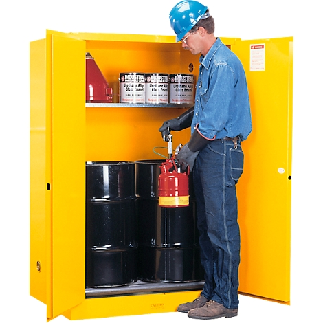 A worker in blue work clothes is filling a red canister in a yellow hazardous substance cabinet.
