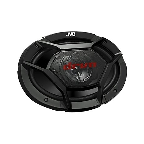 Schwarzer Auto-Lautsprecher mit roter Aufschrift "JVC". Ovales Design mit sechseckigem Gitter in der Mitte.