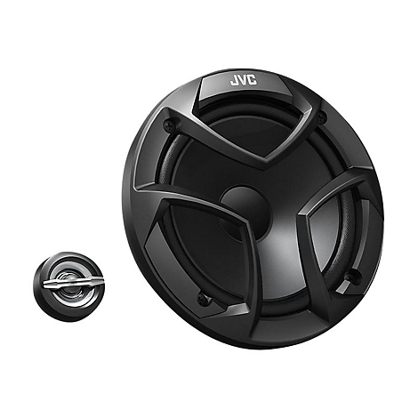 Schwarzer Lautsprecher mit JVC Logo. Neben ihm ein kleinerer Lautsprecher. Weißer Hintergrund.
