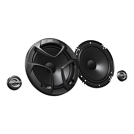 Mehrteiliges Lautsprecherset mit schwarzer Blende auf weißem Hintergrund. Zwei große und zwei kleine Lautsprecher.