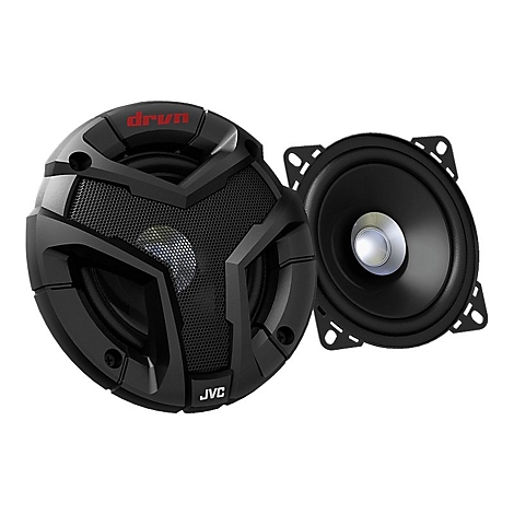 Zwei schwarze Lautsprecher, einer mit Gitter und rotem "drun" Logo, der andere mit silberner Mitte, auf weißem Grund.