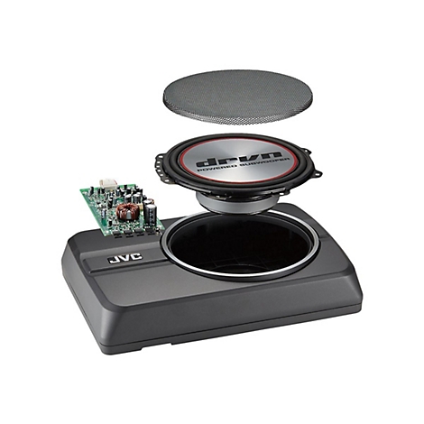 Explosionszeichnung eines JVC Powered Subwoofers. Einzelteile: Gitter, Lautsprecher, Platine und Gehäuse. Alles freigestellt.