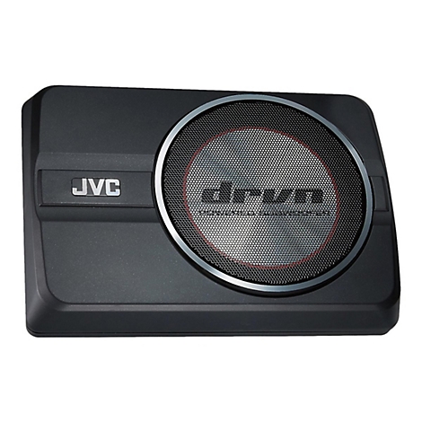 Schwarzer JVC-Subwoofer, Frontansicht, Lautsprechergitter mit Schriftzug 'dream'.