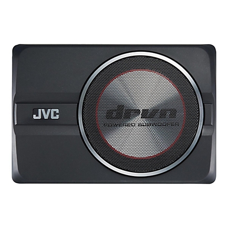 Schwarzer JVC-Subwoofer mit Metallgitter und rotem Ring, Schriftzug "JVC" und "POWERED SUBWOOFER".