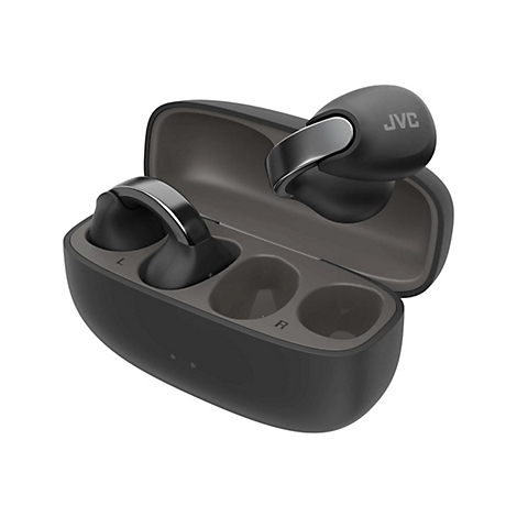 Schwarze JVC In-Ear-Kopfhörer in einem offenen Ladecase mit metallischen Akzenten.