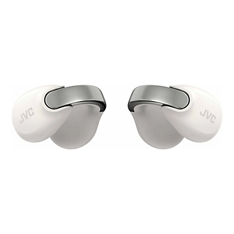 Weiße JVC Earbuds mit silbernen Akzenten vor weißem Hintergrund.